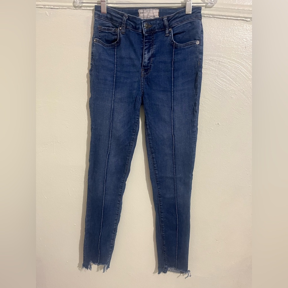 Free People Blue Skinny Jeans with Tapered Leg and Smooth Texture